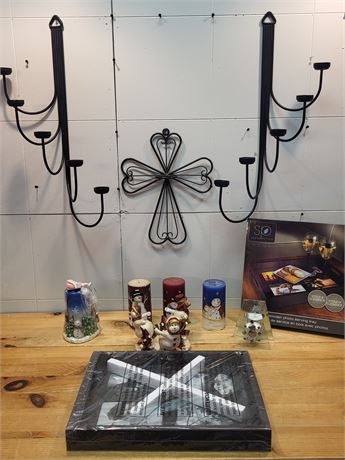 Candelabras, Decorative Cross, Snowman Candles & Tray