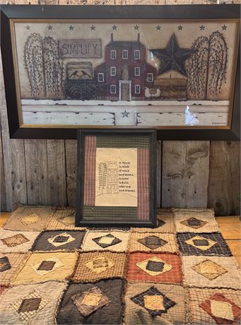 Framed Country Folk Art Prints & Homespun Patchwork table cover