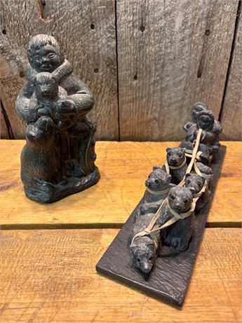 Pair of Vintage A Wolf Original Inuit Sculptures - 8" Figure & 12.5" Dog Sled