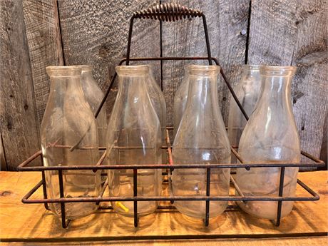 Vintage Metal Wire Milk Bottle Crate Carrier with 8 Glass Bottles