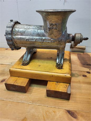 Antique Manual Meat Grinder No. 32 on Wooden Base