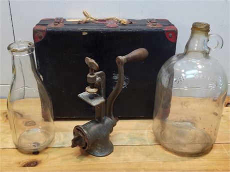 ​Vintage Farmhouse Decor Lot - Meat Grinder, Glass Jug, Milk Bottle & Case 9