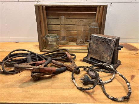 Antique Toaster, Booster Cables, Wooden Crate & Glassware