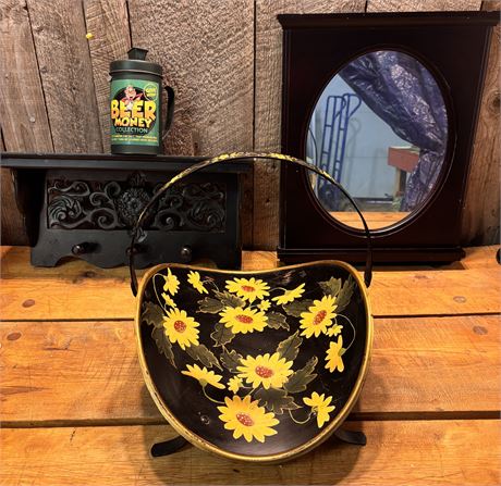 Wall Mirror, Peg Shelf, Painted Basket & Novelty Tin