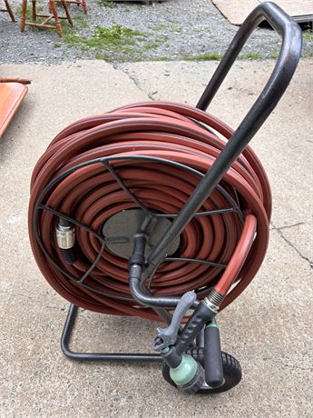 Heavy-Duty Garden Hose with Wheeled Cart Reel & Spray Nozzle