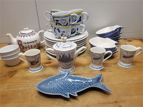 British-Themed Teaware, London Souvenir Mugs, and Fish Platter Set
