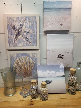 Coastal Wall Art, Glass Vases, and Decorative Sea Shell Jar Set