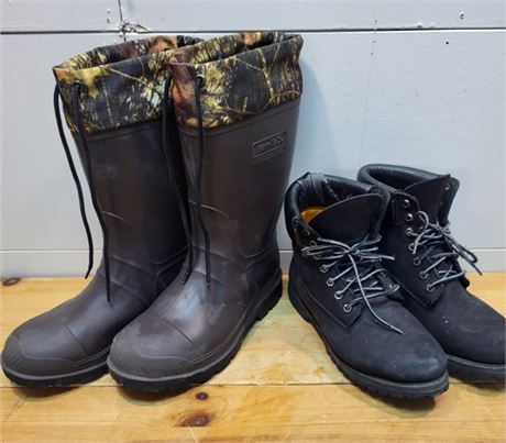 Kamik Waterproof Camo Rubber Boots Size 9 & Black Timberland Leather Boots