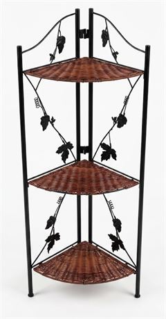 3-Tier Wicker & Black Metal Decorative Corner Shelf / Plant Stand