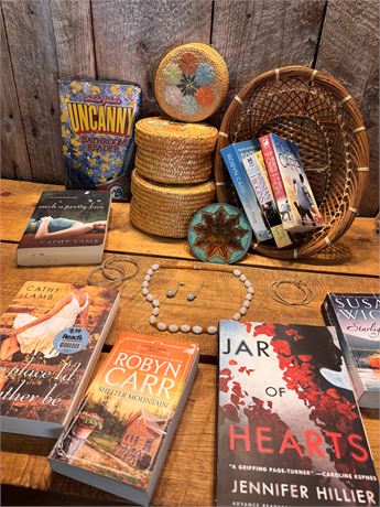Woven Straw Nesting Boxes, Sun Decor, Costume Jewelry & 9-Book Collection