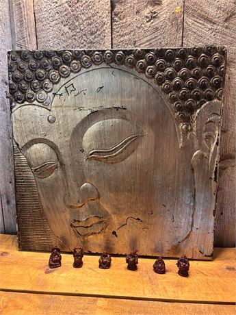 Large Metallic Buddha Face Wall Art & Set of 6 Red Resin Laughing Buddha’s