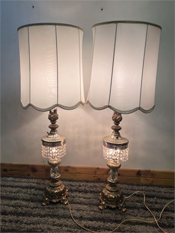 Vintage Hollywood Regency Crystal & Brass Table Lamps - Pair