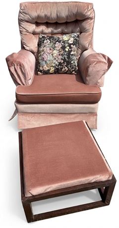 Vintage Tufted Velvet Armchair with Matching Ottoman & Accent Pillow