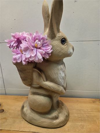Vintage-Style 20" Plastic Easter Bunny Planter Statue with Basket & Faux Flowers