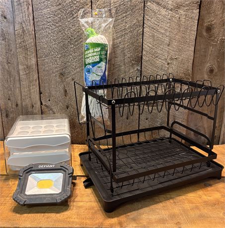 2-Tier Dish Drying Rack, Defiant Rechargeable Work Light, Clear Egg Organizer