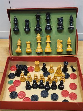 Vintage Hand-Carved Chess and Checkers Set