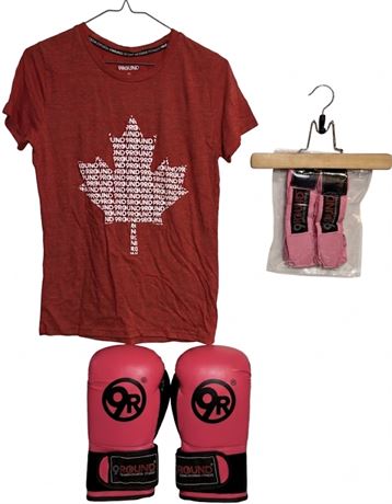 9Round Kickboxing Set: Pink Boxing Gloves, Hand Wraps, & Red T-Shirt youth Large