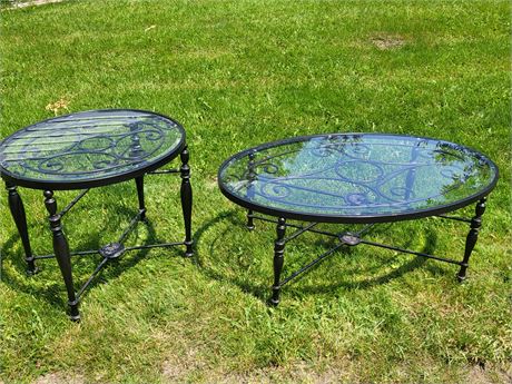 Oval Metal and Glass Coffee Table Set