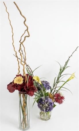 Large Faux Floral Arrangements in Glass Vases - Set of 2