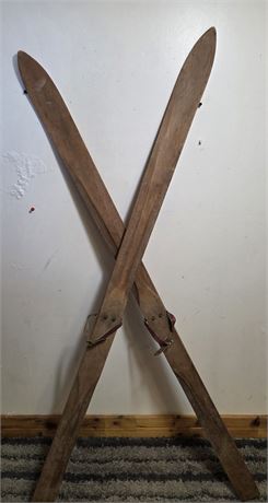 Vintage 5-Foot Wooden Skis w/ Original Leather Bindings - Antique Cabin Decor