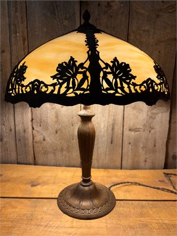 Antique Art Nouveau Slag Glass 2-Light Table Lamp