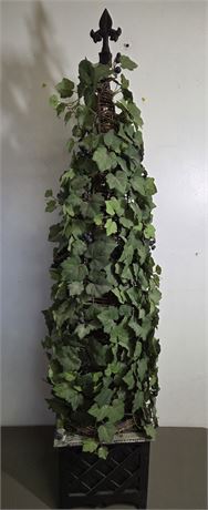 ​4.5-Foot Faux Grapevine Cone Topiary in Black Lattice Wooden Planter – Vintage