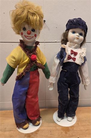 Vintage 18.5" Porcelain Doll & Musical Clown Collection - 2 Piece Set