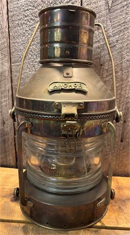 Vintage Nautical Brass Anchor Lantern / Oil Lamp (10" x 18.5"H)