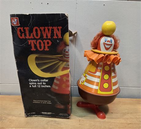 Vintage Ohio Art "Clown Top" Tin Litho Spinning Toy with Original Box - 14