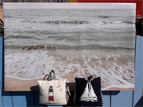 Ocean Wave Canvas Wall Art & Pair of Nautical Theme Fabric Door Stops