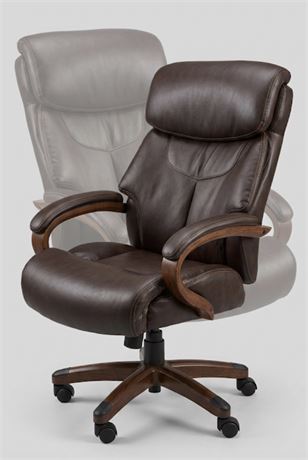 Executive Brown Bonded Leather Office Chair with Wood Accents – Ergonomic