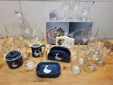 Assorted Glassware and Goose-Themed Ceramic Collection
