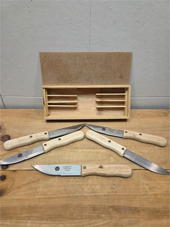 Vintage Casselman Germany Steak Knife Set with Wooden Box - Credit Union PSE Adv