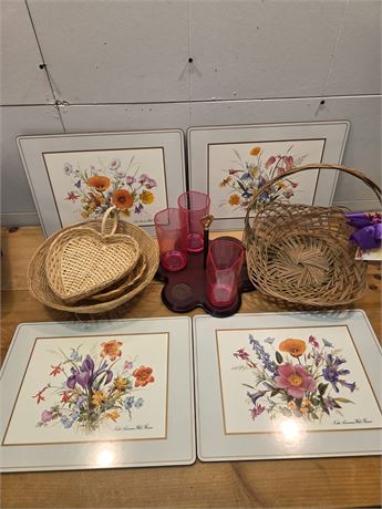 Vintage Floral Placemats, Pink Crackle Drinkware Caddy & Assorted Wicker Baskets