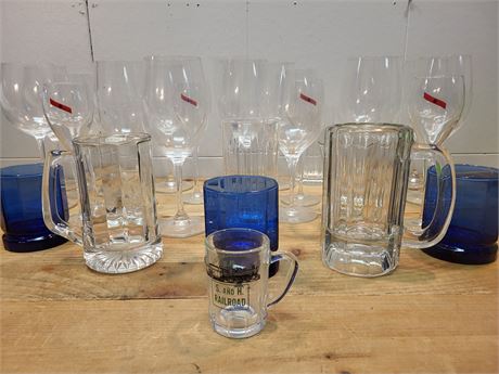 Heavy Beer Mugs, Cobalt Blue Tumblers, Wine Glasses & S. And H. Railroad Shot Gl