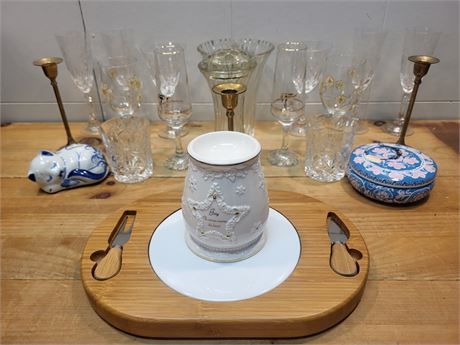 ​Vintage Home Decor & Glassware Collection – Crystal, Brass Candlesticks, Cheese