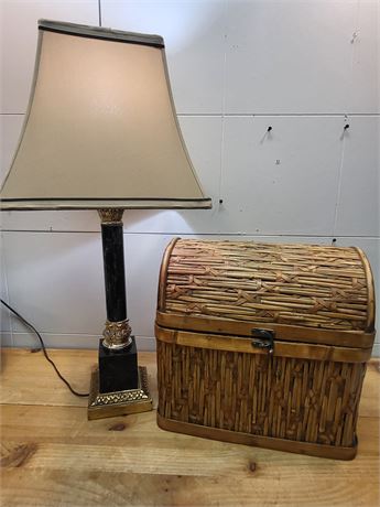 Traditional Column Table Lamp & Woven Rattan Chest