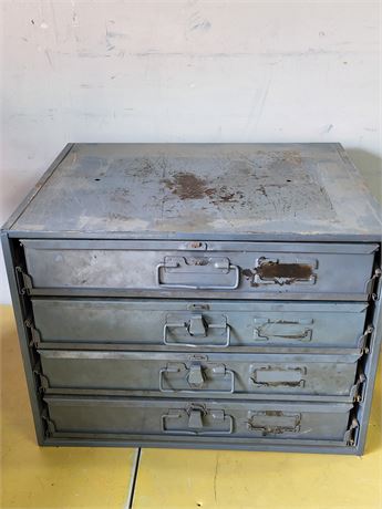 ​Vintage "The Fastener Centre" 4-Drawer Metal Cabinet & Hardware Assortment