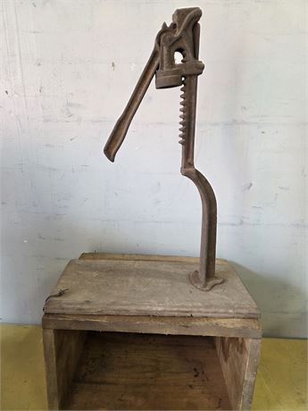 Antique Cast Iron Gear-Driven Bottle Capper with Vintage Wooden Box