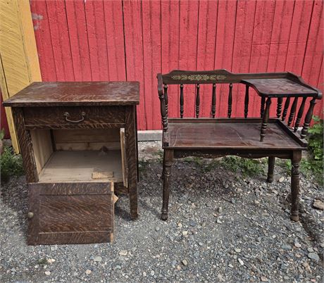 Vintage Accent Furniture Pair - Wooden Nightstand & Telephone Bench