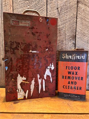 Vintage Sears Craftsman Metal Cabinet & Sheffield 1-Gallon Tin Duo