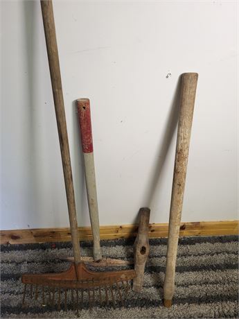 Rustic Metal Rake, Pickaxe, Sledgehammer Head & Wooden Handle