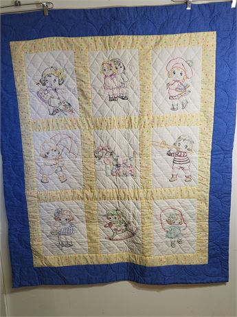 Hand-Embroidered Baby Quilt – Sunbonnet Sue Style Children's Nursery Blanket