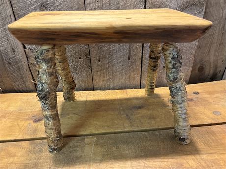Rustic Handmade Live-Edge Stool with Birch Legs