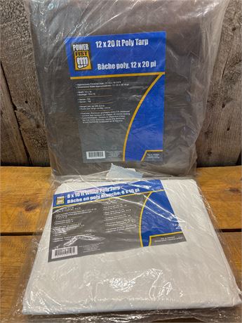 (2) Brand New Power Fist Poly Tarps – 12ft x 20ft and 8ft x 10ft
