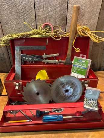 Vintage Mastercraft Red Metal Toolbox with Assorted Hand Tools & Hardware
