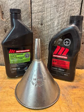 Vintage Galvanized Funnel & MotoMaster Fluids
