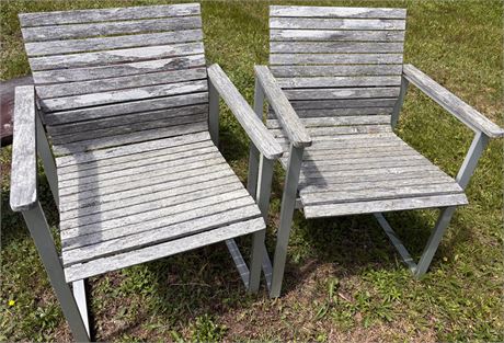 Pair of Weathered Slat-Back Patio Armchairs