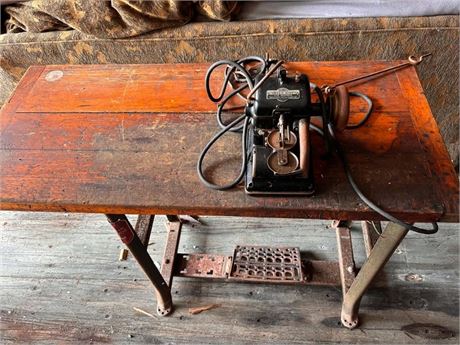 Vintage Bonis Bros. "Never-Stop" Fur Sewing Machine with Treadle Table