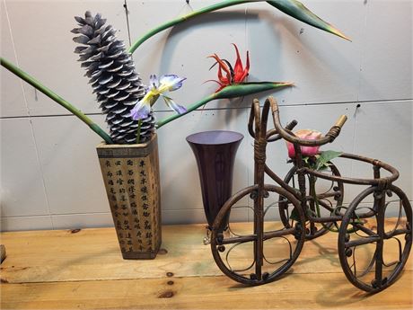 Calligraphy Vase and Wicker Tricycle Arrangement 5
